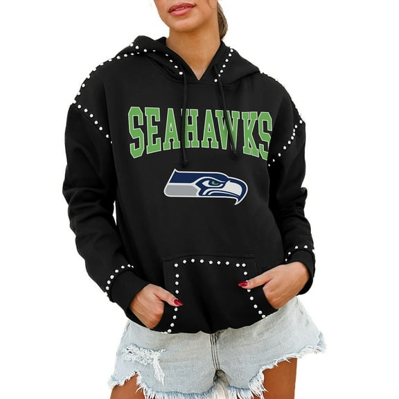 Women's Gameday Couture Black Seattle Seahawks Oversized Catch the Vibe Studded Pullover Hoodie
