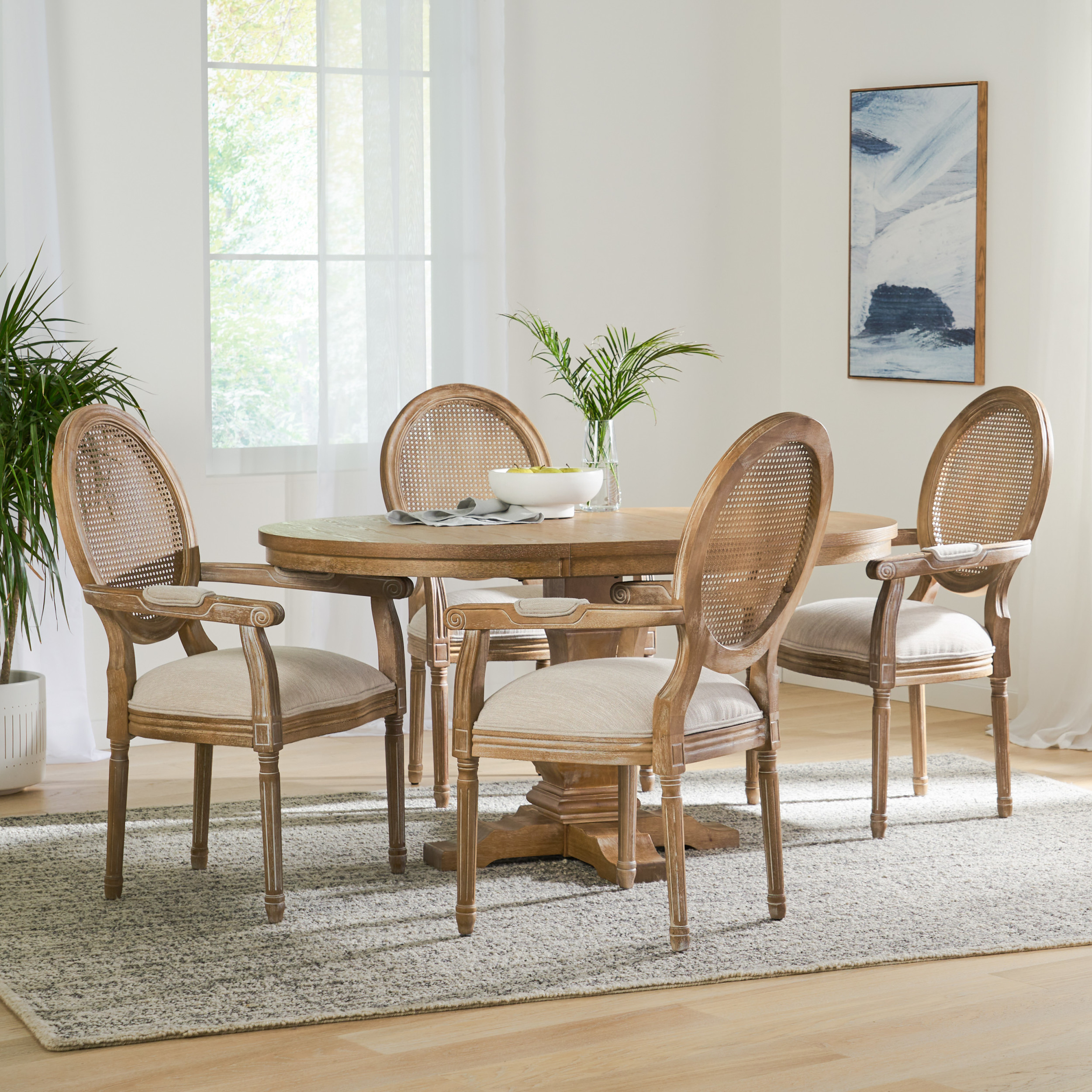 Noble House Plevna Wood and Cane 5-Piece Expandable Oval Dining Set, Natural and Beige