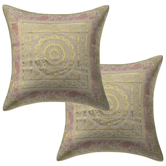 Stylo Culture Ethnic Sofa Throw Pillow Covers 16x16 Jacquard White Square 40 x 40 cm Home Decor Brocade Floral Mandala Zippered Cushion Covers | Set Of 2