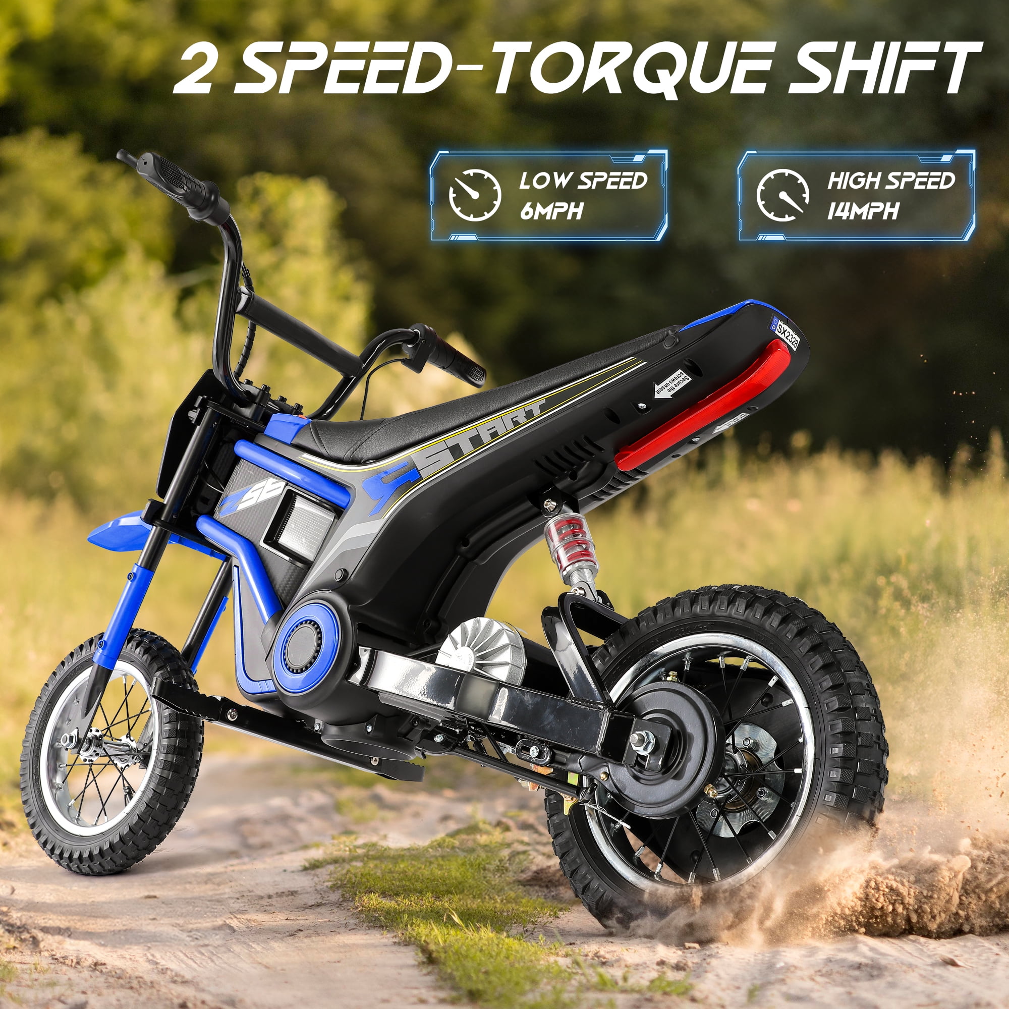 24V Dirt Bike,Neche 250W Electric Powered Motorcycle,Ride on Dirt Rocket with Shock Absorption Suspension for Kids Age 13+,Blue