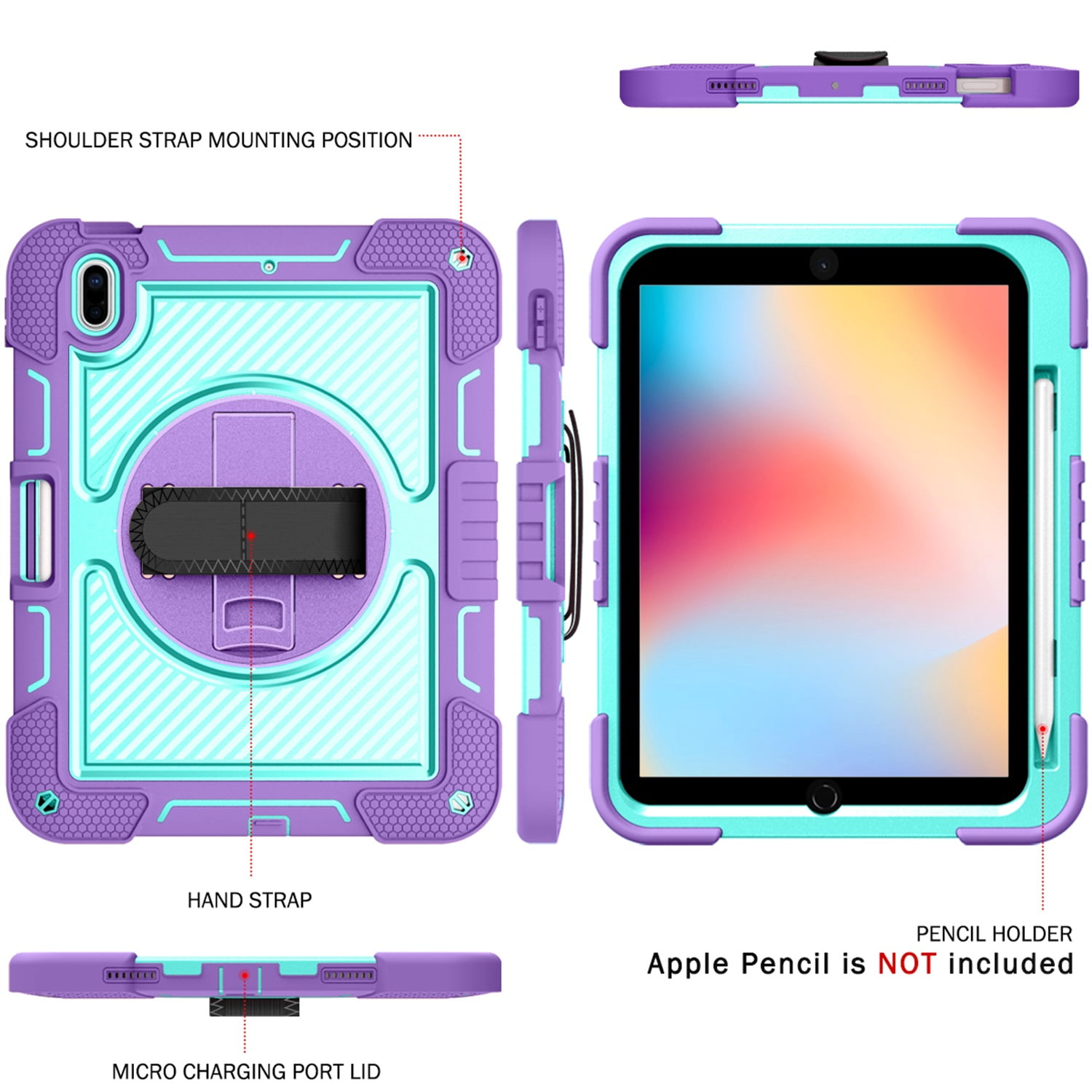 Tarise Case for Apple iPad 10th Generation 10.9" (2022), 360° Rotating Kickstand with Pencil Holder/Hand Strap/Shoulder Strap Hard PC Rugged Silicone Shockproof Bumper Stand Cover,Purple + Mint Green