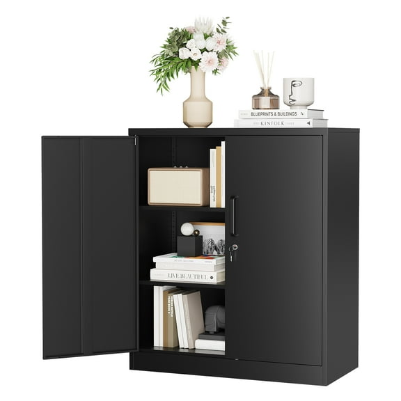 STANI Metal Storage Cabinet with 2 Adjustable Shelves, Steel Counter Cabinet with Lockable Doors for Home Office