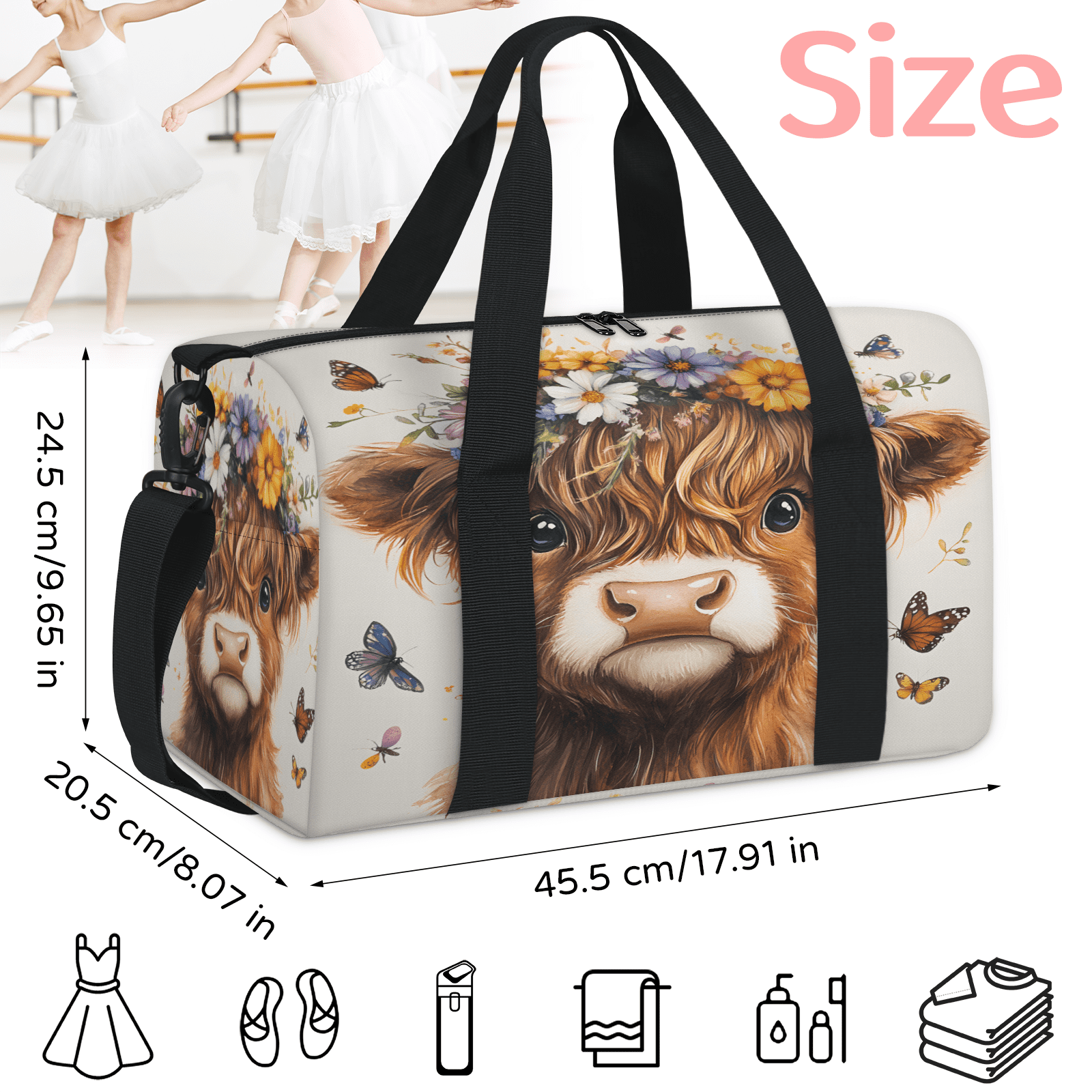 Herdesigns Highland Cow Travel Duffle Bag Sports Yoga Weekender Overnight Carry on Workout Bags Lightweight Waterproof Gym Tote Bag for Women Funny