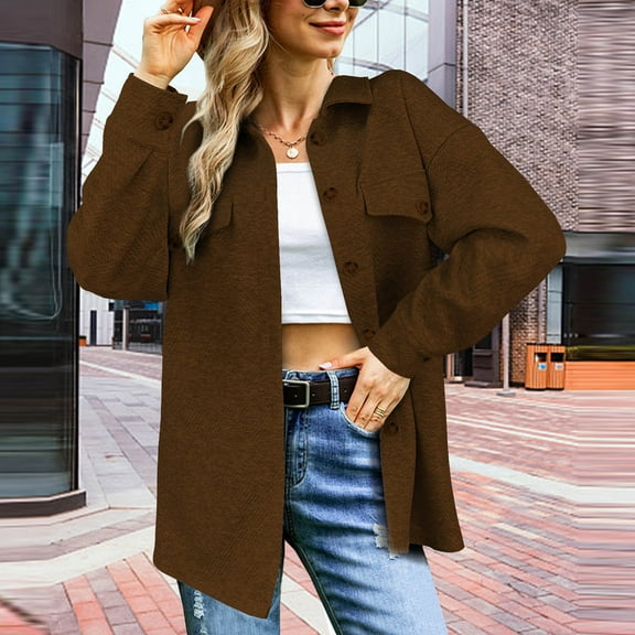 Lilgiuy Women Fashion Casual Solid Color Buttons Tops Turndown Collar Long Sleeve Hoodless Casual Outwear for New Year Valentine's Day