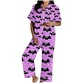 thumbnail image 2 of Pijama de manga corta con cuello vuelto para mujer, con bolsillos y estampado de Halloween, cintura elástica, de poliéster, 2 of 5