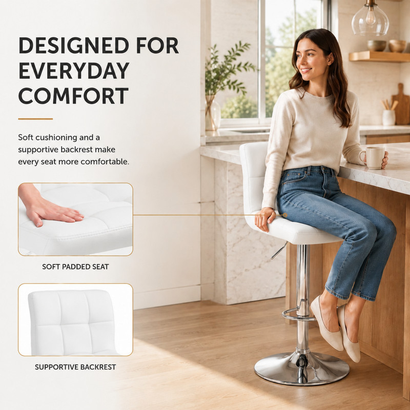 BEAUTYPEAK Adjustable Bar Stools Set of 2 PU Leather Swivel Counter Height Chairs with Backrest and Footrest, White