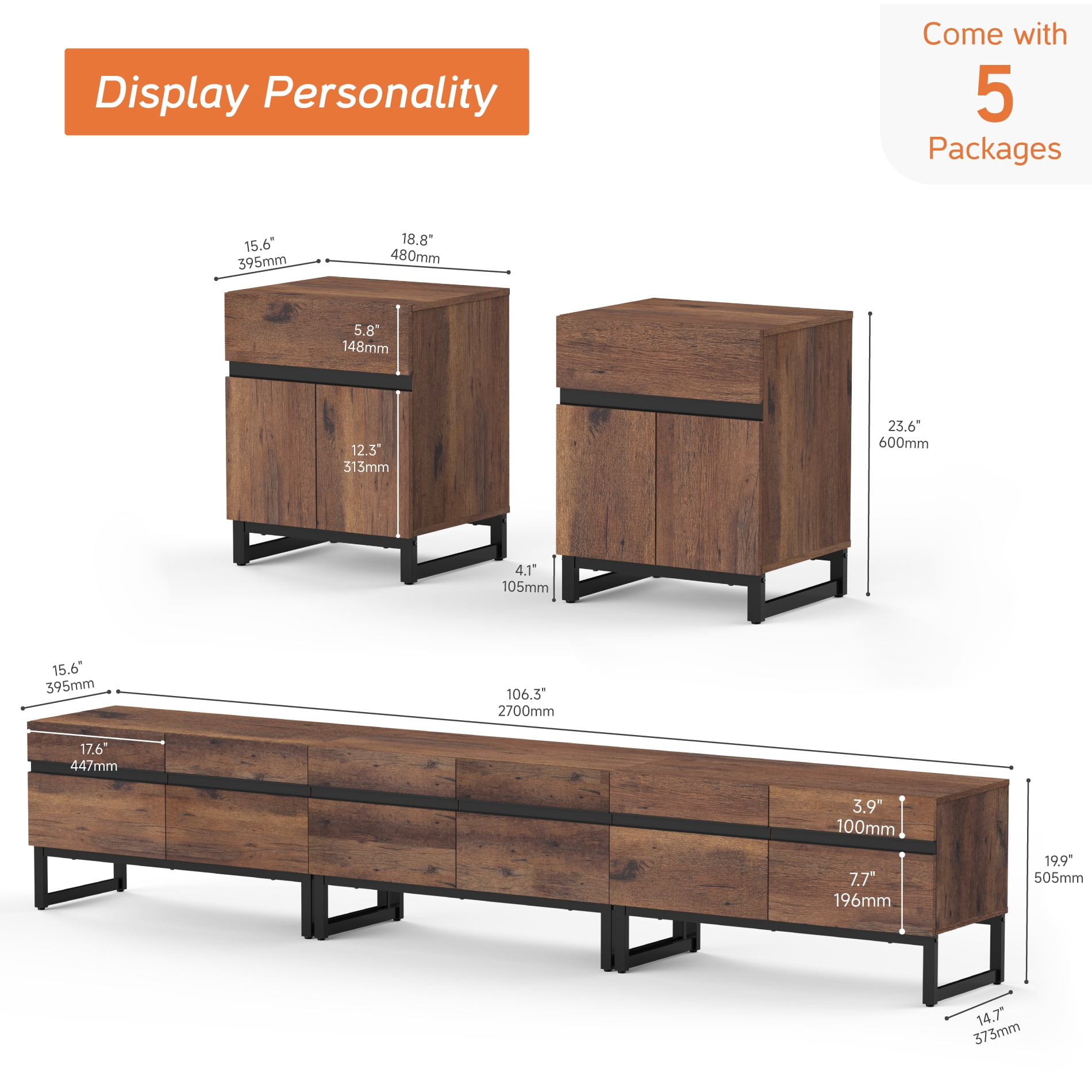 Modern 3-Piece Living Room Set, 106 Inch TV Stand And 2 End Table Sets With Drawers, Media Console with Storage Shelves, Sturdy Wood Frame & Metal Legs, Contemporary Furniture for Living Room,Brown