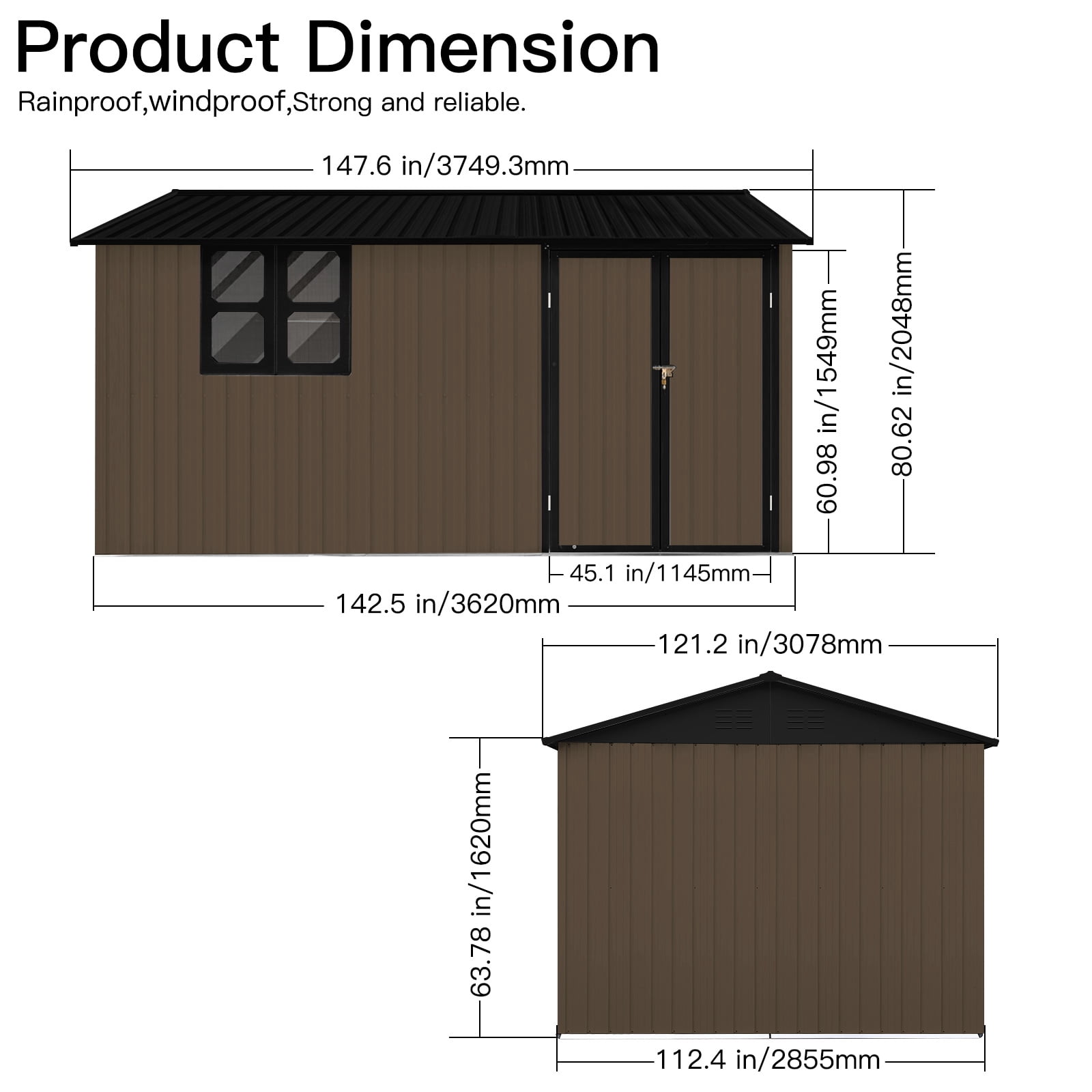 Mintazer 12×10 Ft All-Weather Metal Outdoor Storage Shed with Goods Shelves, Large Garden Tool Storage Building with Window for Backyard Lawn Patio, Brown