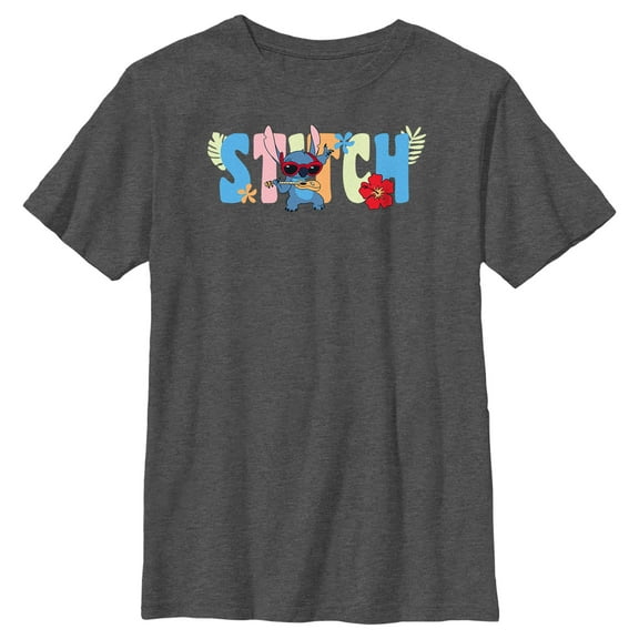 Boy's Lilo & Stitch Colorful Ukulele Stitch  Graphic Tee Charcoal Heather Small