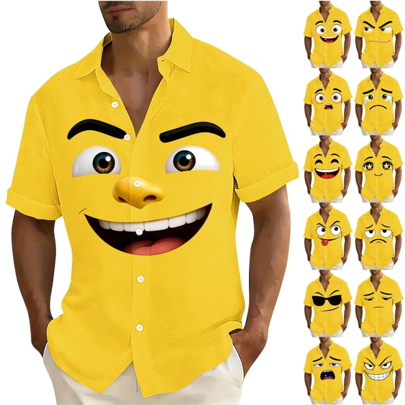 oelaio 3D Cartoon Smile Face Shirts Men Short Sleeve Button Down Shirts Funny Novelty Graphic Shirt Summer Beach Vacation Tops Yellow L