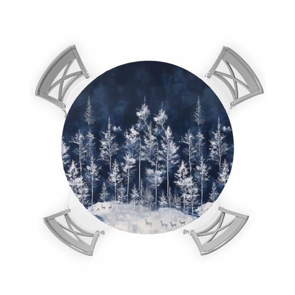 nqOlkjepod Navy Blue Christmas Tree Round Tablecloth, Fitted Table Cover with Elastic for 36"-44" Round Tables, Xmas Snowflake Table Cloth Outdoor Indoor Dinning Party Waterproof Tablecloths