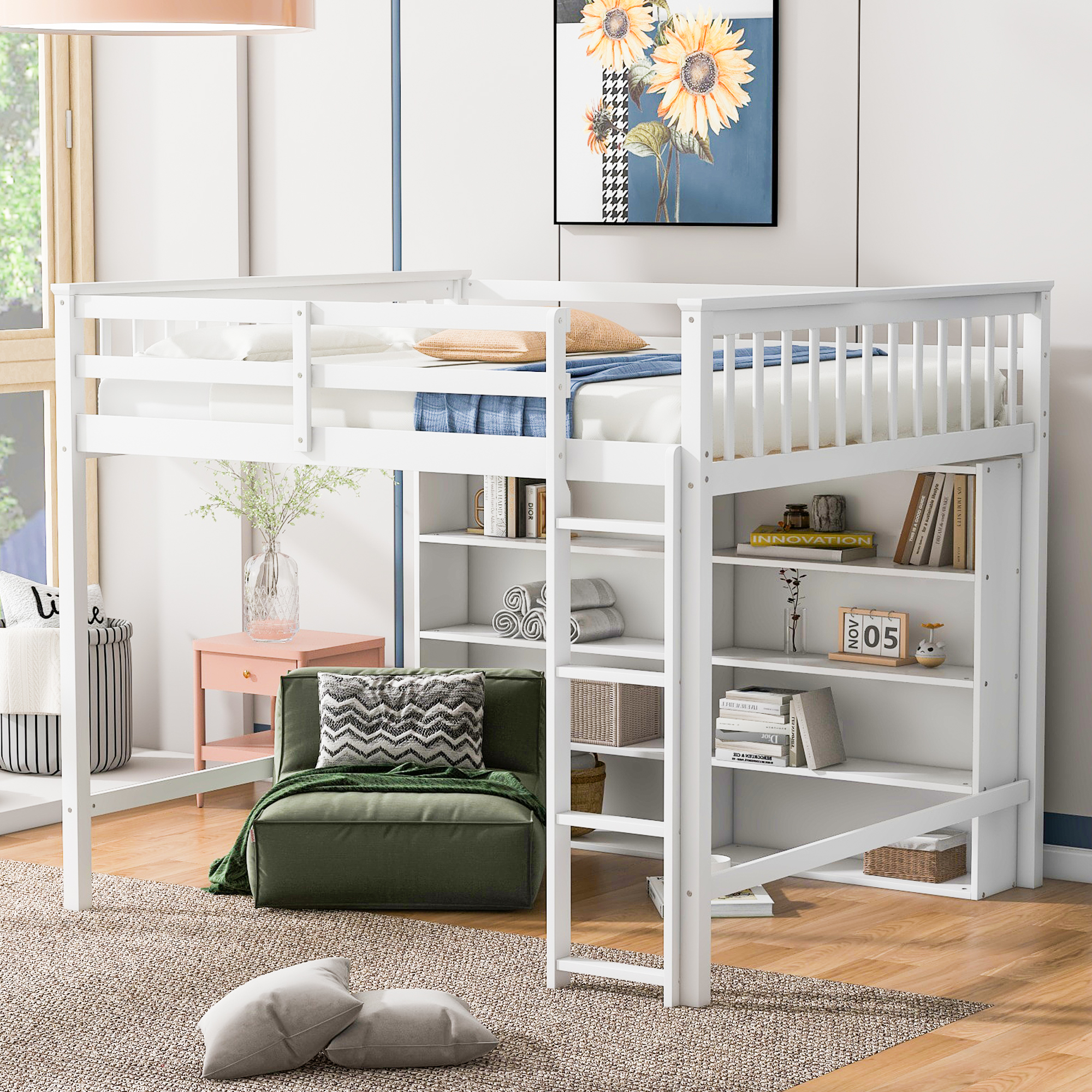 Euroco Wood Full Size Loft Bed with Shelf for Kids Bedroom, Functional Storage Shelf and Display Case, Open Bookcase for Kids Teens Adults, White
