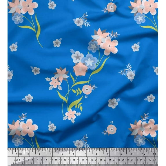 Soimoi Cotton Duck Fabric Leaves & Periwinkle Floral Print Fabric by the Yard 42 Inch Wide