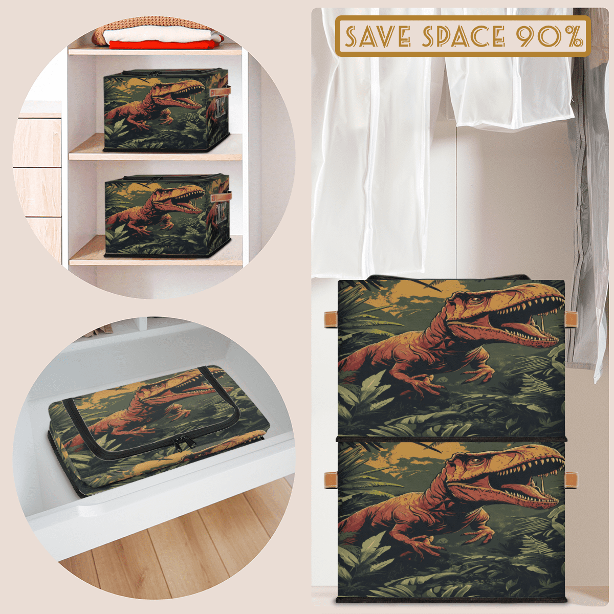 ADECORIVY Tropical Dinosaur Fabric Storage Bin with Lid, Decorative Closet Shelf Organizers, Tyrannosaurus Rex Foldable Basket Box Clothes Storage Bin with Handles