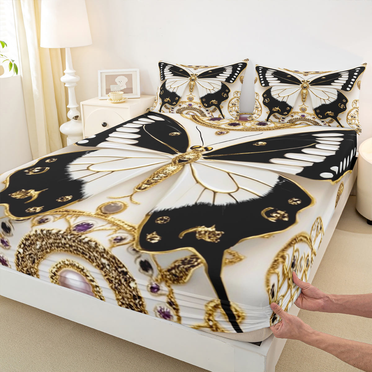 Homewish Black White Butterfly Girl 4pcs Bed Sheets,Exotic Style King Sheets,Dreamy Princess Super Cozy Sheet Set,Luxury Bedroom Decor