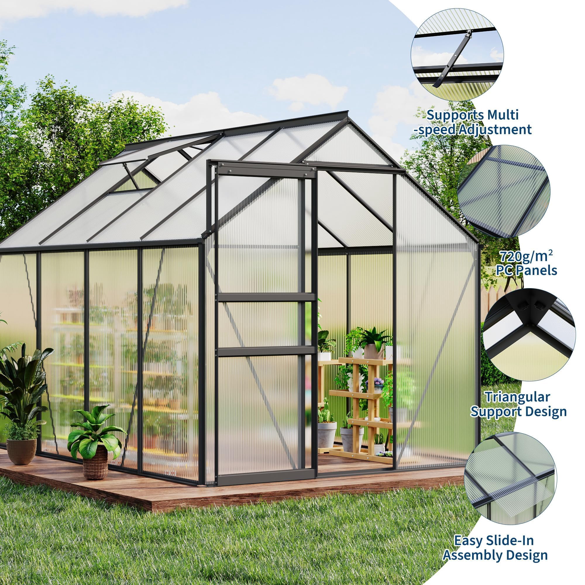 6 x 8 FT Polycarbonate Greenhouse with Aluminum Frame, Sliding Door & Adjustable Roof Vent, Heavy-Duty Outdoor Greenhouse for Backyard, Garden, Patio