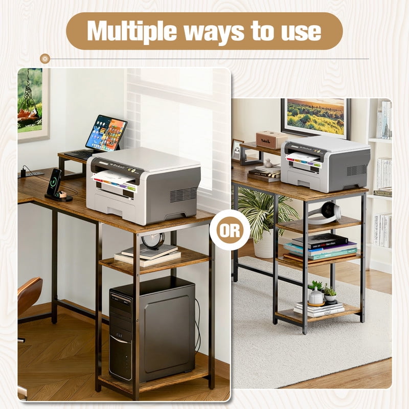 Homall 65.4" L-Shaped Desk with Power Outlets & USB, Corner Desk with 2 Drawers and 2 Monitor Stand, Brown