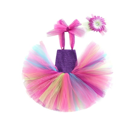 

Canrulo Toddler Baby Girl Rainbow Halter Tutu Dress Summer Sleeveless Princess Party Dress Flower Headband 2Pcs Outfits Rose Red 4-5 Years