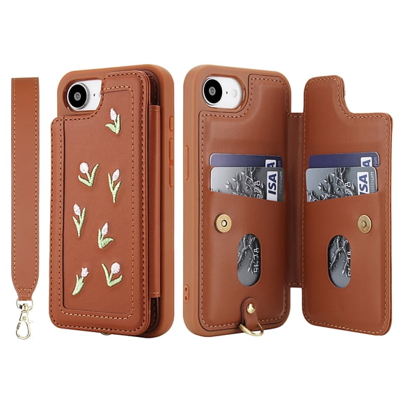 ELEHOLD Crossbody Case for iPhone 16e, Flower Embroidered Wallet Case with Shoulder and Wrist Strap, Stand Feature,Brown