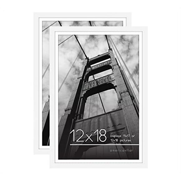 Americanflat 12x18 Picture Frame in White with 11x17 Mat - Set of 2 Frames - Displays 11x17 " Photos With Mat and 12x18 Without Mat - with Plexiglass Cover, Sawtooth Hanger For Horizo