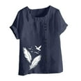 thumbnail image 4 of QUNYINEY Casual Tops for Women Trendy Crew Neck Short Sleeve Feather Shirts Loose Button Pullover Linen Tops, 4 of 4