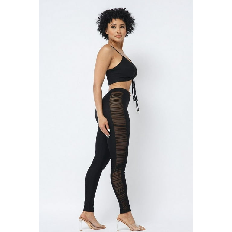 Mesh Strappy Adjustable Ruched Crop Top With Matching See Through Side  Panel Leggings