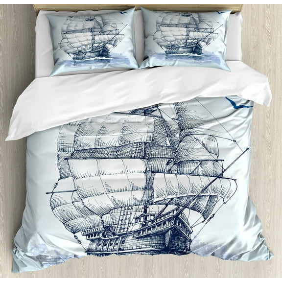 Vintage Boat Queen Size Duvet Cover Set, Old Sketch Yacht at Sea Adventure in Ocean Marine Aquarelle Art, Decorative 3 Piece Bedding Set with 2 Pillow Shams, Baby Blue and Dark Blue, by Ambesonne
