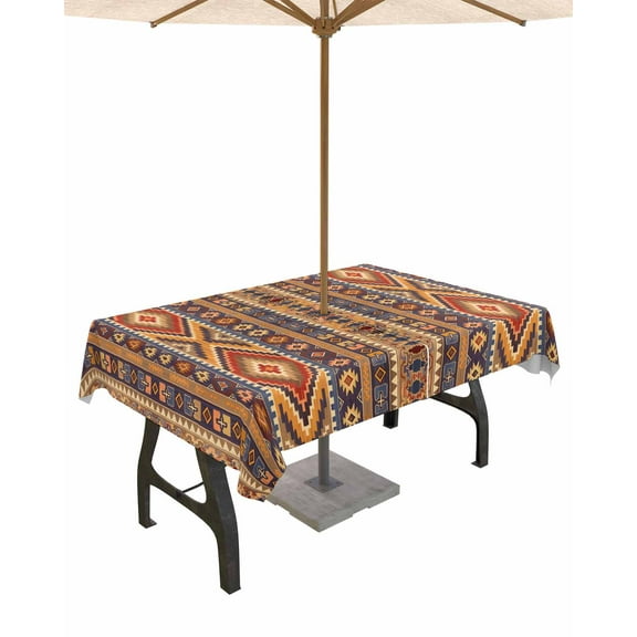 Fsddascl Southwest Boho Outdoor Tablecloth - 54x80 Inch Rectangle Dining Table Cover, Retro Farmhouse Abstract Geometric Striped Waterproof Outdoor Table Cloth with Umbrella Hole & Zipper for Patio