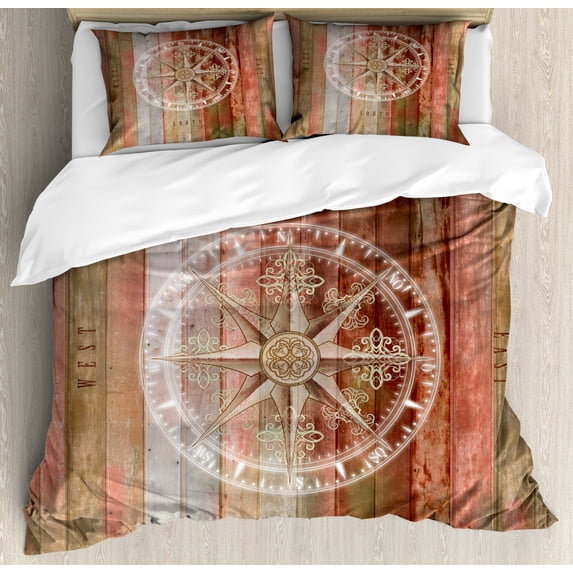 Marine Life Duvet Cover Set Queen Size, Ocean Sea Life Yacht Themed Warm Colored Wooden Backdrop with Compass Image, Decorative 3 Piece Bedding Set with 2 Pillow Shams, Multicolor, by Ambesonne