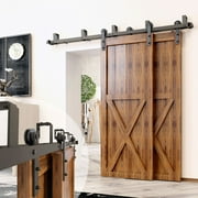 Homacer Black Rustic Double Track U-Shape Bypass Sliding Barn Door Hardware Kit, for Two/Double Doors, 6.6ft Long Flat Track, Straight Design Roller, Heavy Duty, for Interior & Exterior Use