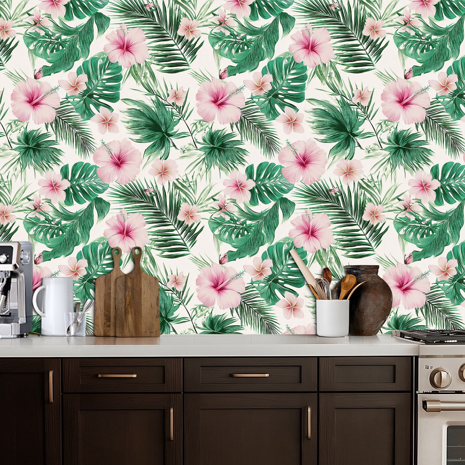 Peel and Stick Wallpaper Tropical Hibiscus Palm Leaf Pink Green Wall Mural 17.7in x 9.8ft Self Adhesive Removable Wall Paper Renter Friendly Wallpaper for Nursery Bedroom Cabinets