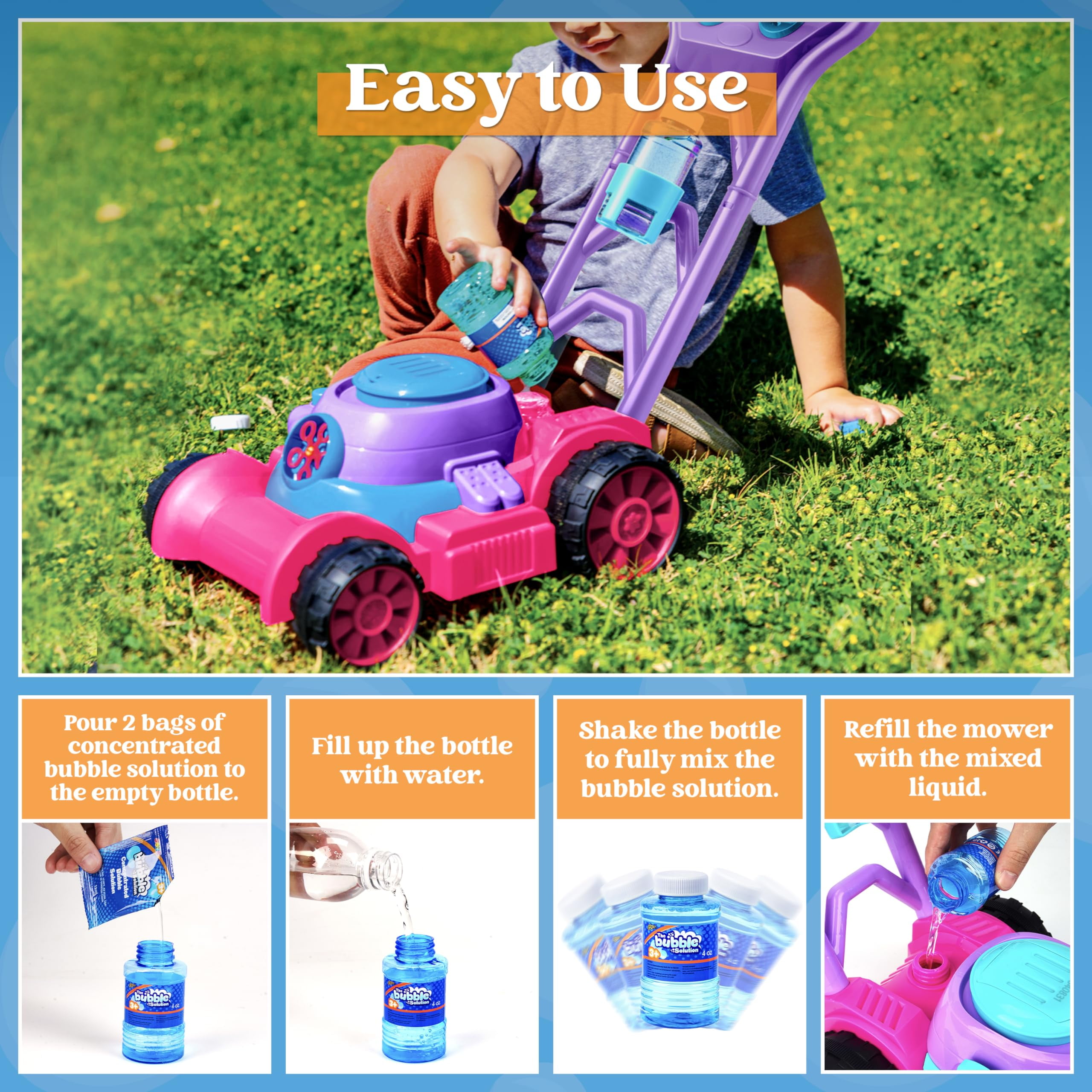 SYNCFUN Bubble Lawn Mower, Bubble Machine Summer Outdoor Toys for Toddlers 1-3, Pink Bubble Blower for Kids 2 4 6 Birthday Gifts