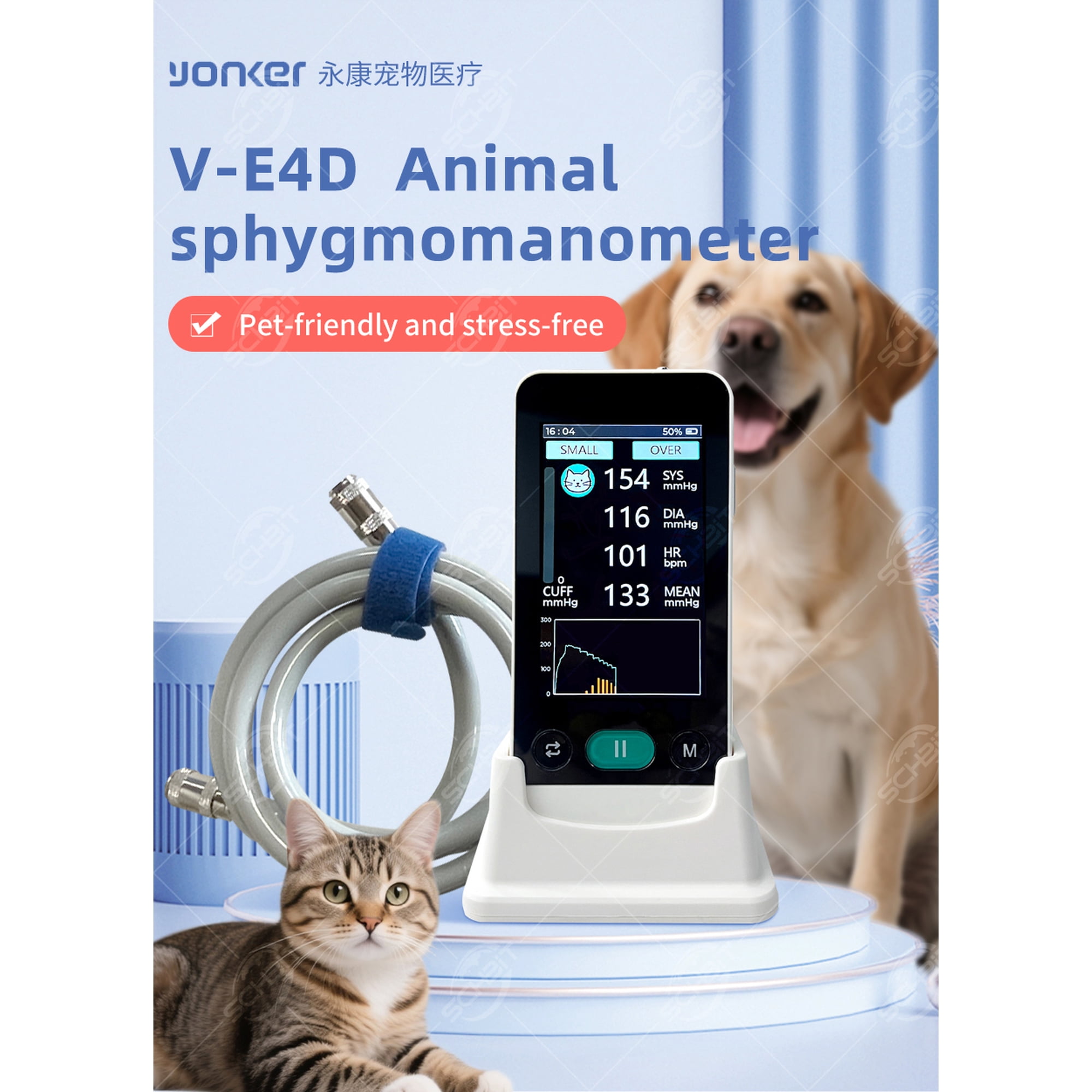 Digital veterinary blood‑pressure measuring device V‑E4D. Suitable for multiple animals including cats, dogs, rabbits, sheep, cattle and horses. LCD screen shows blood pressure and pulse data, portab