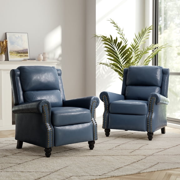 DREAMSIDEA Pushback Recliner Chair Sets of 2 Faux Leather Wingback Accent Chair Single Lounge Recliner Reading Chair for Living Room, Navy Blue