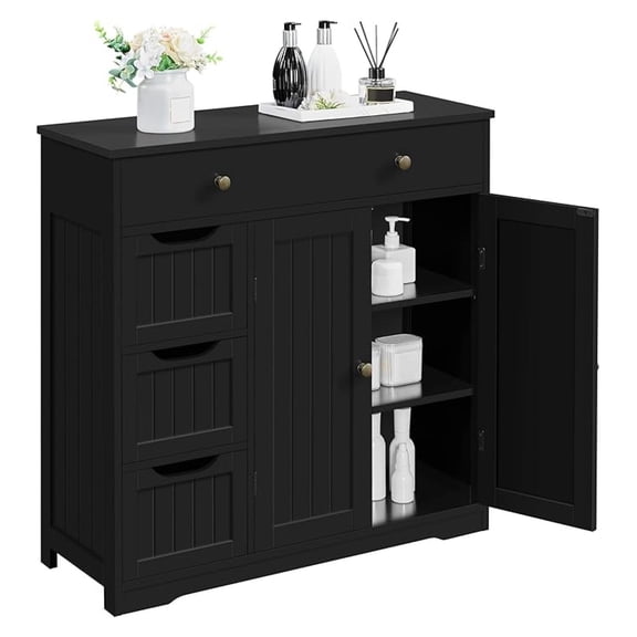 Storage Cabinet with 4 Drawers and 2 Doors, Adjustable Shelves, Freestanding Cabinet for Kitchen, Dining Room, Living Room, Entryway, Black