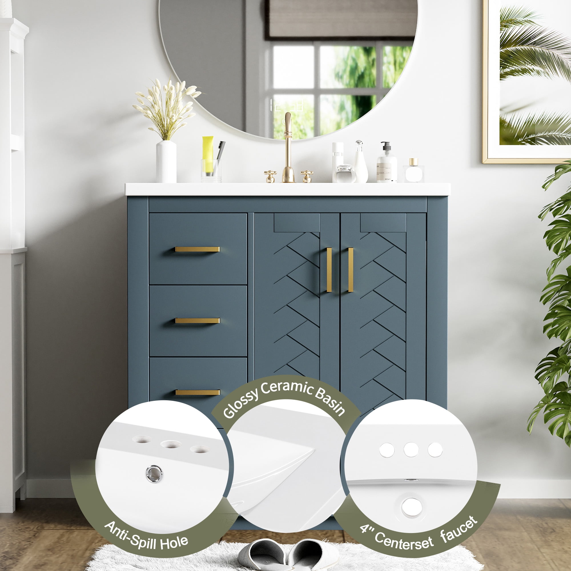 Euroco 30'' Bathroom Vanity with Ceramic Sink Combo,Solid Wood Frame Bathroom Storage Cabinet, Freestanding Vanity Set with 3 Drawers& Soft Closing Doors