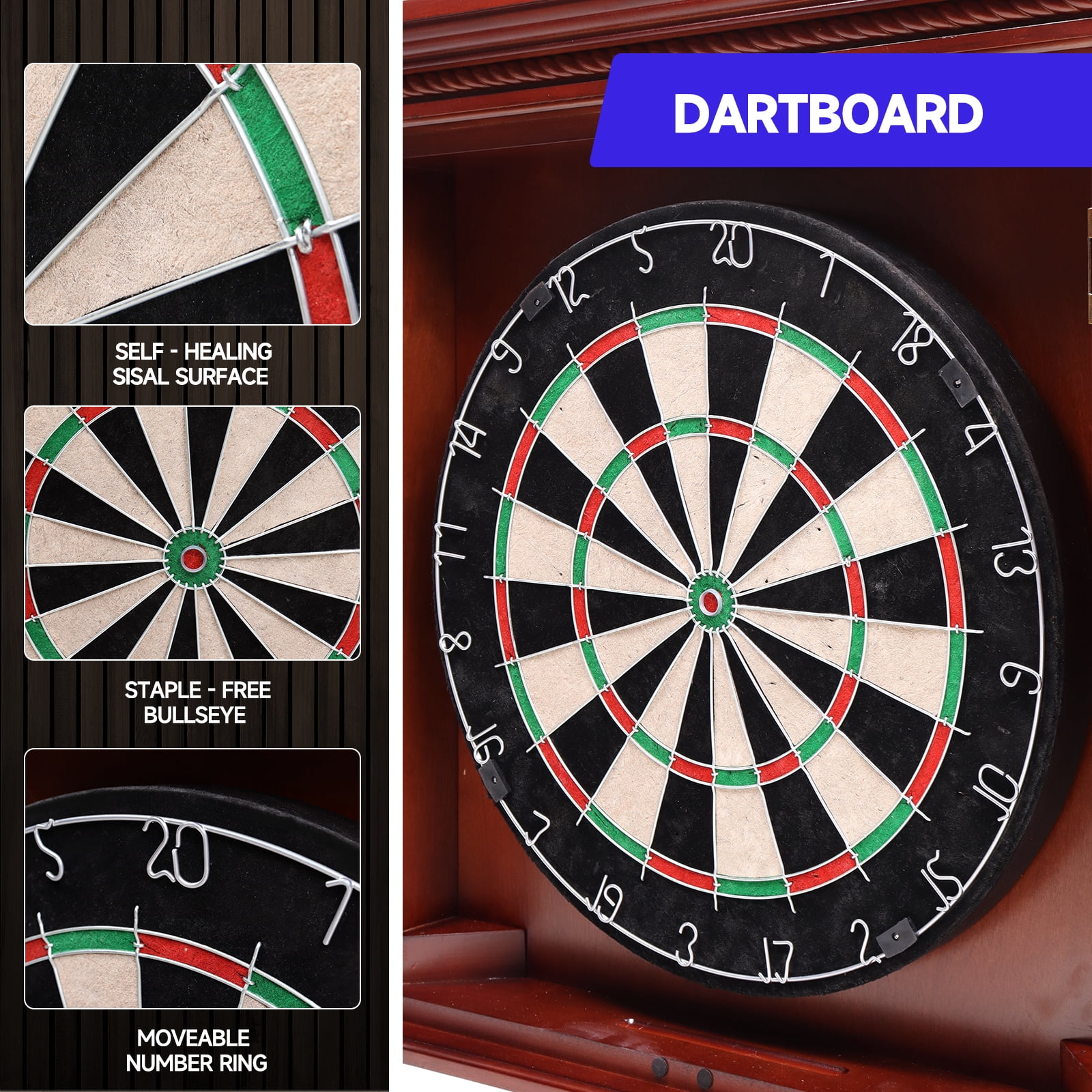 GSE Games & Sports Expert Premium Solid Wood Dartboard Cabinet Set with Bristle Dartboard, Dart Scoreboard and 6 Steel Tip Darts for Target Game Indoor Game (Brown)