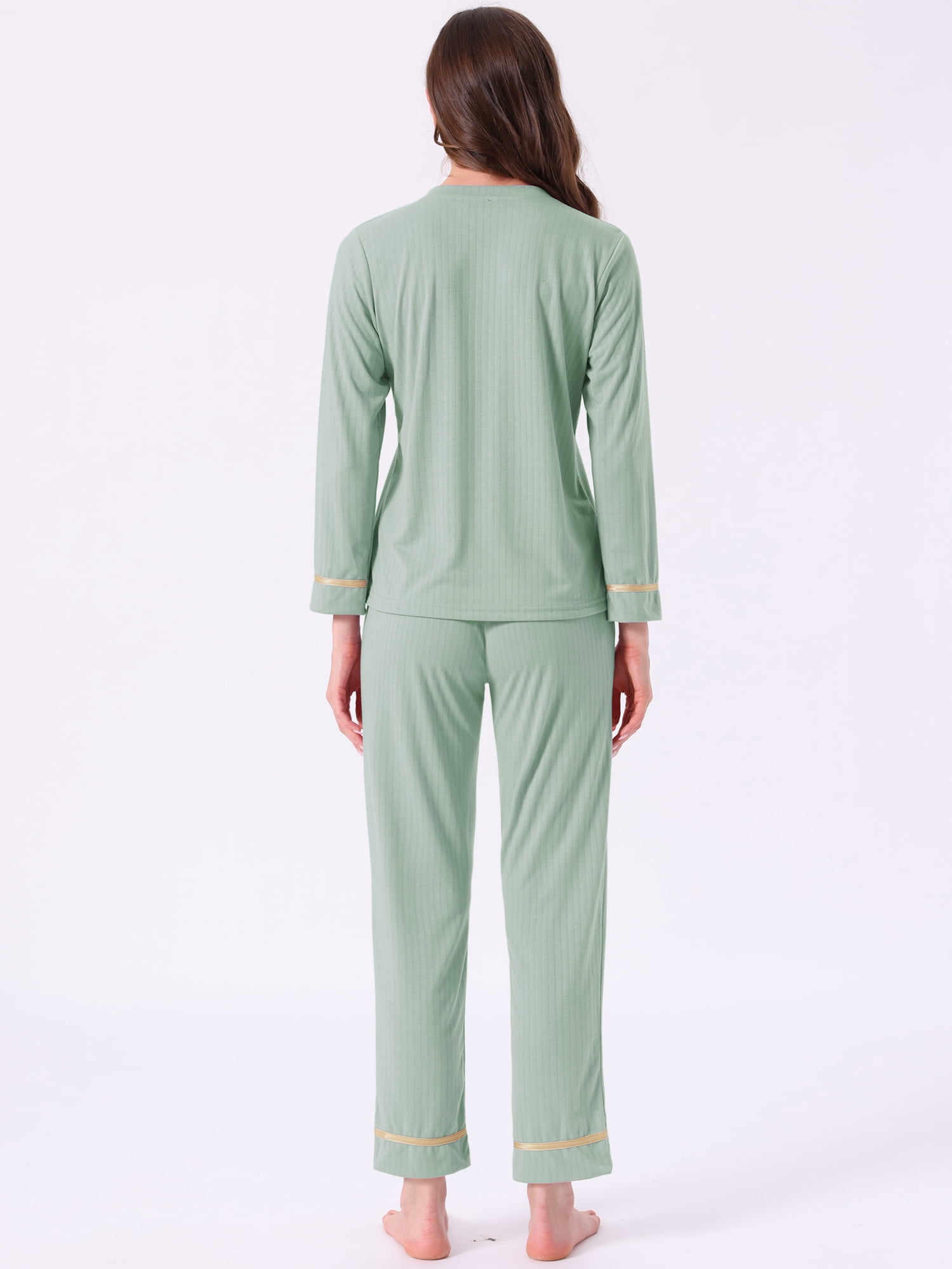 DARING DIVA Women's Cotton Ribbed Pullover V-neck Tops with Bottoms Pajama Sets S Green
