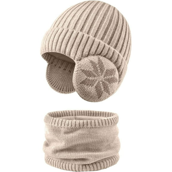5-12Y Kids Earflap Beanie and Scarf Set for Girls Boys,Winter Warm Knit Ski Hat with Fleece Lined