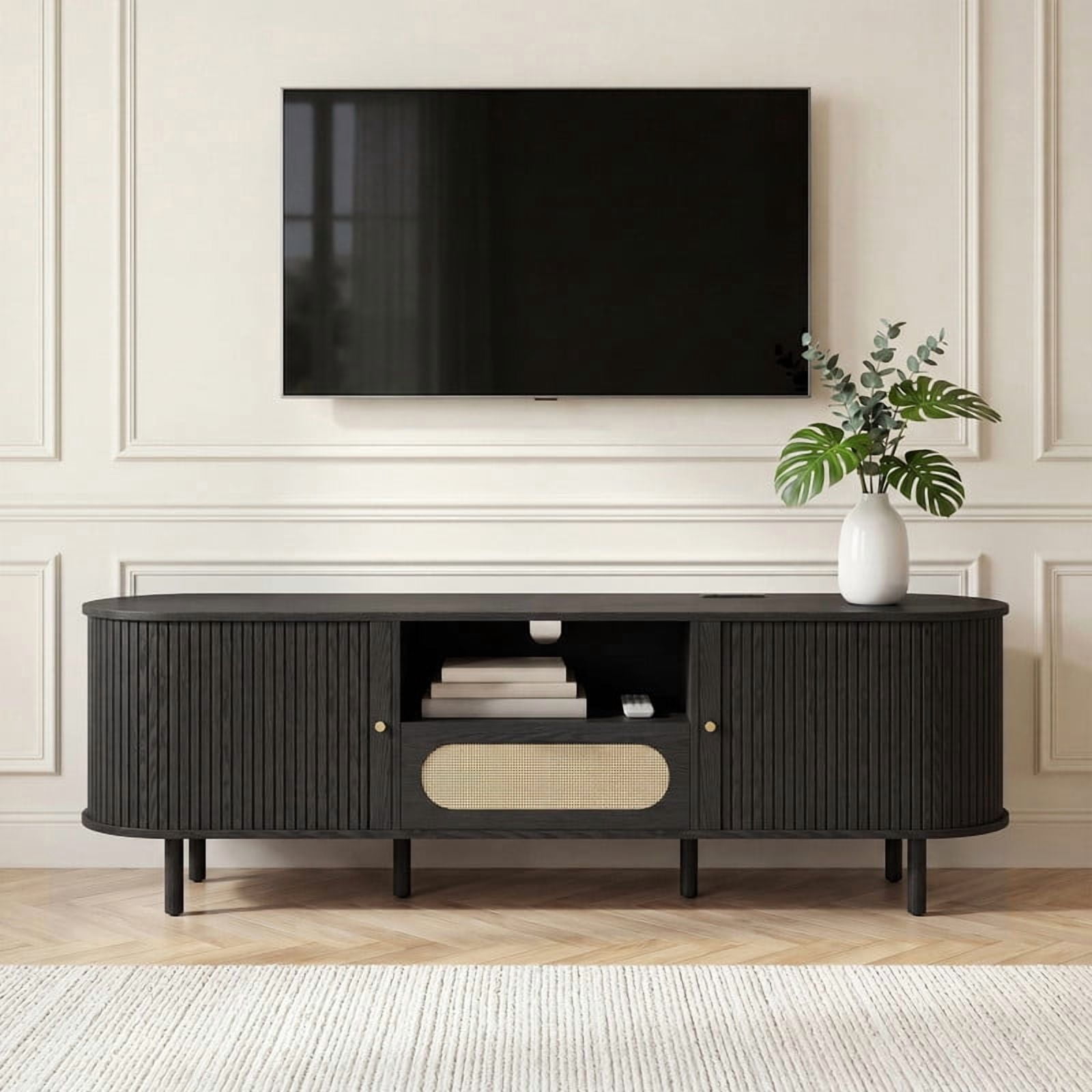 Spruce & Spring Tambour TV Stand with Power Outlet, Mid-Century Modern Entertainment Center, Rattan Drawer & Fluted Sliding Doors, Solid Wood Legs & Cable Management, Black, for TVs up to 80 Inch