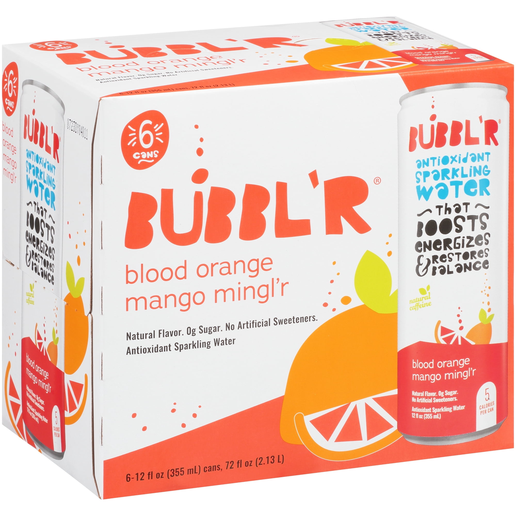 BUBBL'R Antioxidant Sparkling Water, Blood Orange Mango Mingl'r, 12 fl oz, 6 Pack Cans