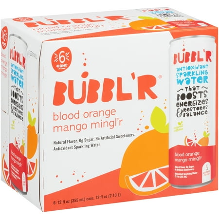 BUBBL'R Antioxidant Sparkling Water, Blood Orange Mango Mingl'r, 12 fl oz, 6 Pack Cans