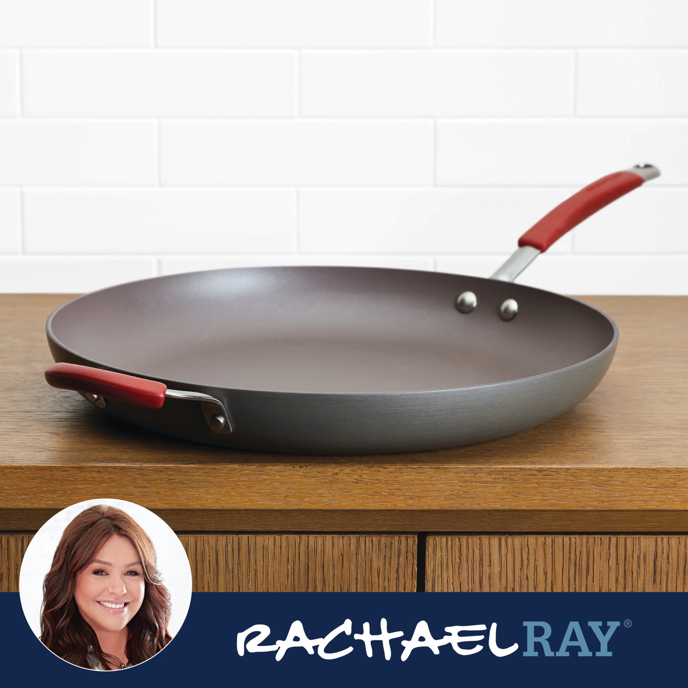 Rachael Ray Cucina Hard Anodized Nonstick Frying Pan with Helper Handle, 14-Inch, Gray/Cranberry Red