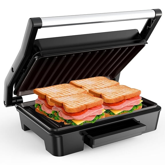GPED Panini Press Sandwich Maker, 2 Slice Stainless Steel Panini Press Grill, Non-Stick Sandwich Press Maker with Removable Drip Tray for Any Thickness Sandwich, Burgers, Steak