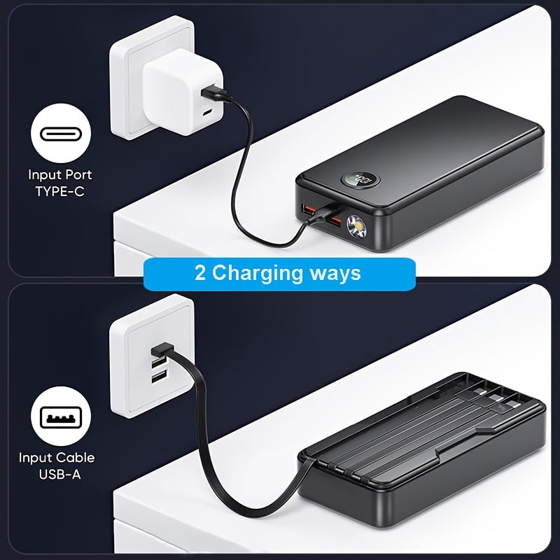 Travel Essential Portable 20000mAh Power Bank With 4 Built-in Cables,Travel Essential Portable Charger,22.5W Fast Charging Battery Charger,USB-C Input/Output, 6 Output 2 Input Cell Phone Battery Pack