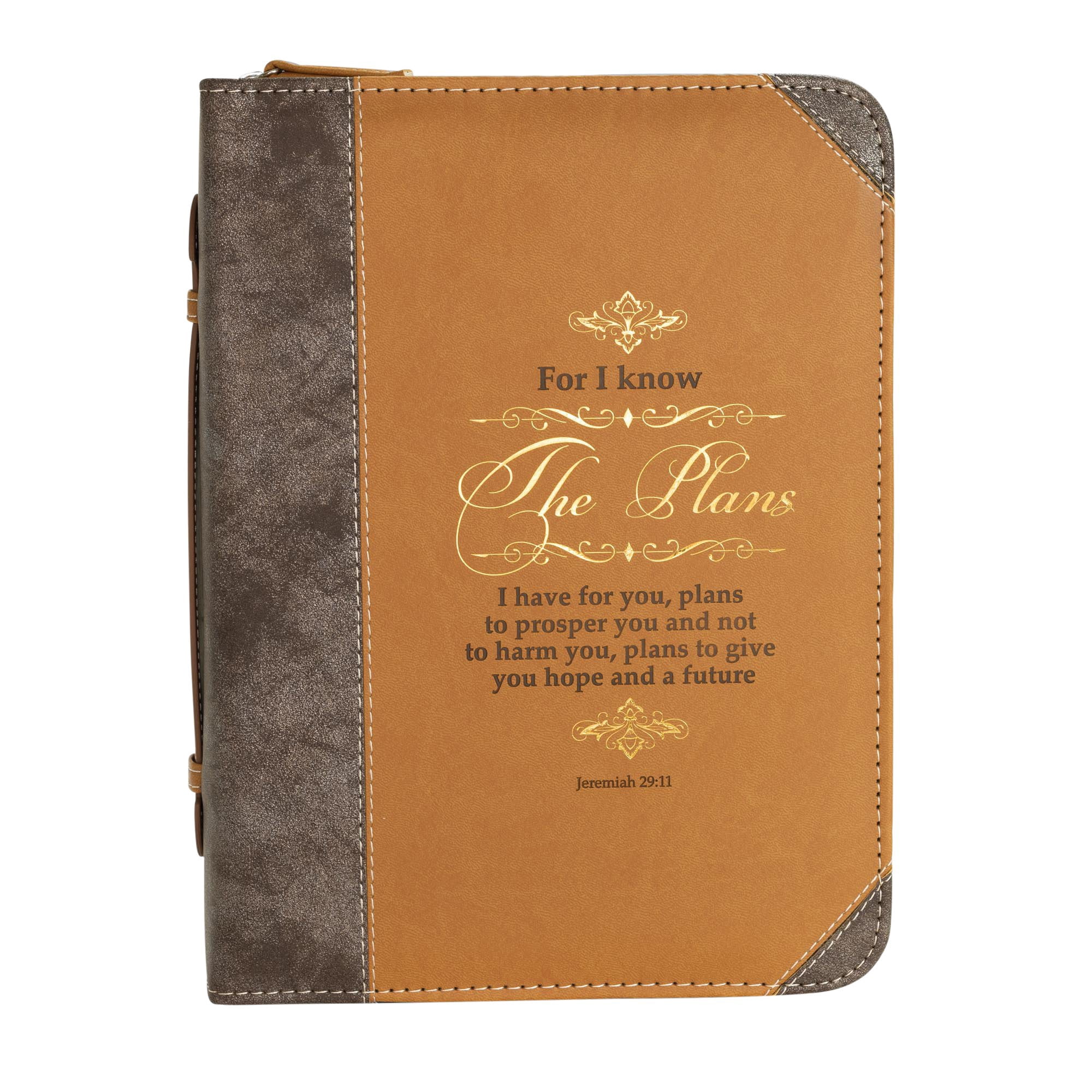 For I Know The Plans Bible Cover – Brown And Gold Tone XL Faux Leather, Jeremiah 29:11 Verse, Zippered Closure With Carrying Handle