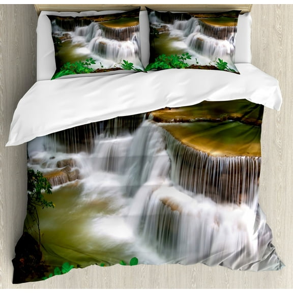 Nature Duvet Cover Set Queen Size, Tropical Paradise Waterfall in Thailand Surreal Cascade Wonders of the World Scenery, Decorative 3 Piece Bedding Set with 2 Pillow Shams, Multicolor, by Ambesonne
