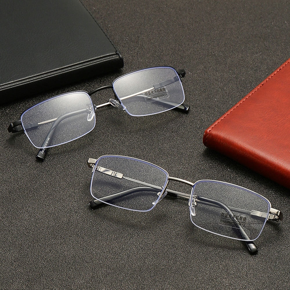 3 Pairs of Super Elastic Memory Ultralight Metal Readers Anti-Blue Light Half Rimless Rectangle Reading Glasses +4.00 for Men