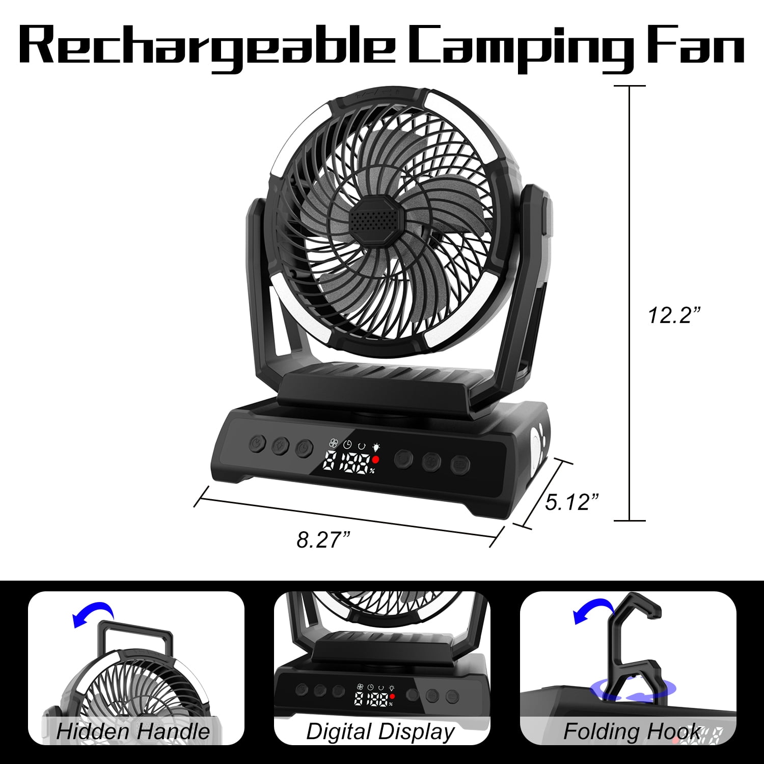 KANCOKIT Portable Fan with Light, 20000mAh 9 Speeds Rechargeable Battery Fan with Remote Digital Display, Timer, Auto Oscillation, Tent Fan for Car Travel RV Camp Patio