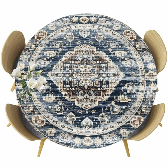 Boho Navy Blue Brown Round Tablecloth 55-60 Inch Round Fitted Table Cloth with Elastic Edge, Ethnic Geometric Southwestern Vintage Waterproof Table Cover Protector for Outdoor Picnic Party Dining